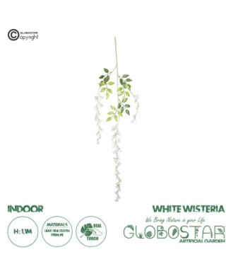 GloboStar® 09032 Τεχνητό Κρεμαστό Διακοσμητικό Φυτό Μήκους 1.1 μέτρων με 3 X Κλαδιά Βιστέρια Λευκή